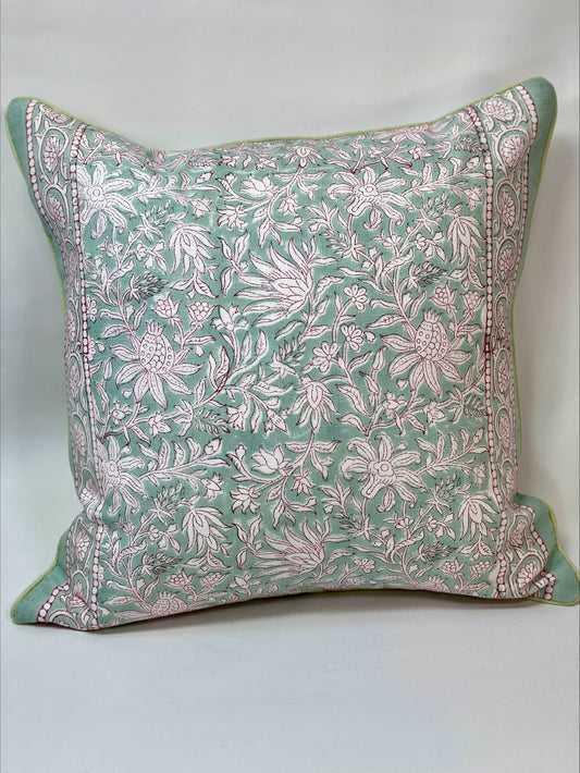 Hand block printed cushion cover - mint green