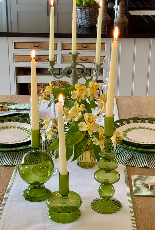 White Table Runner with delicate green striped edge detail