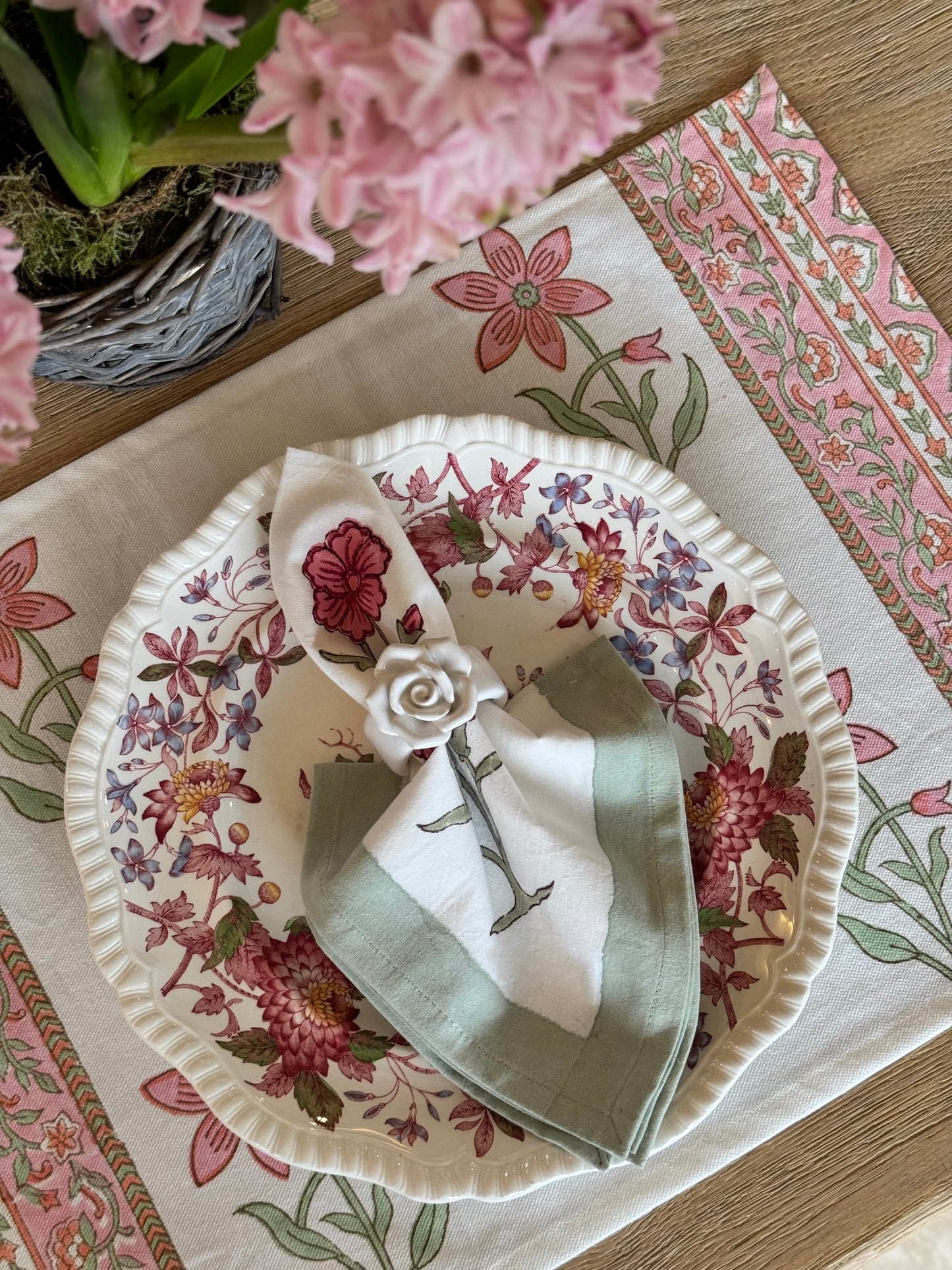 Hand block printed white and pink placemats with matching napkins