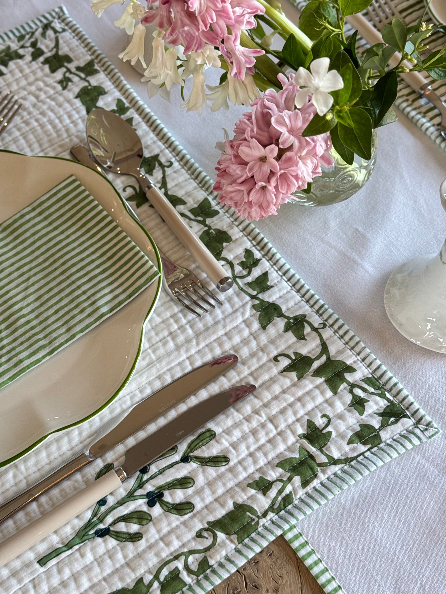 White Table Runner with delicate green striped edge detail