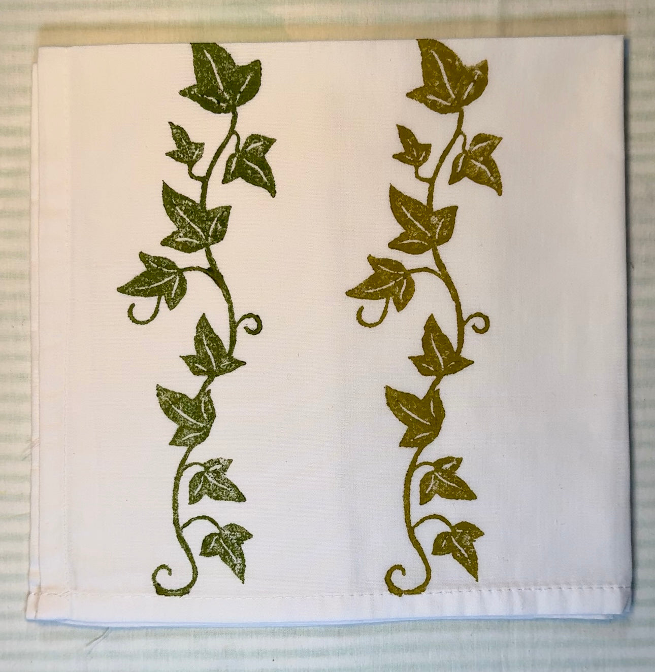 Hand block printed dark and olive green ivy napkins - set of 2