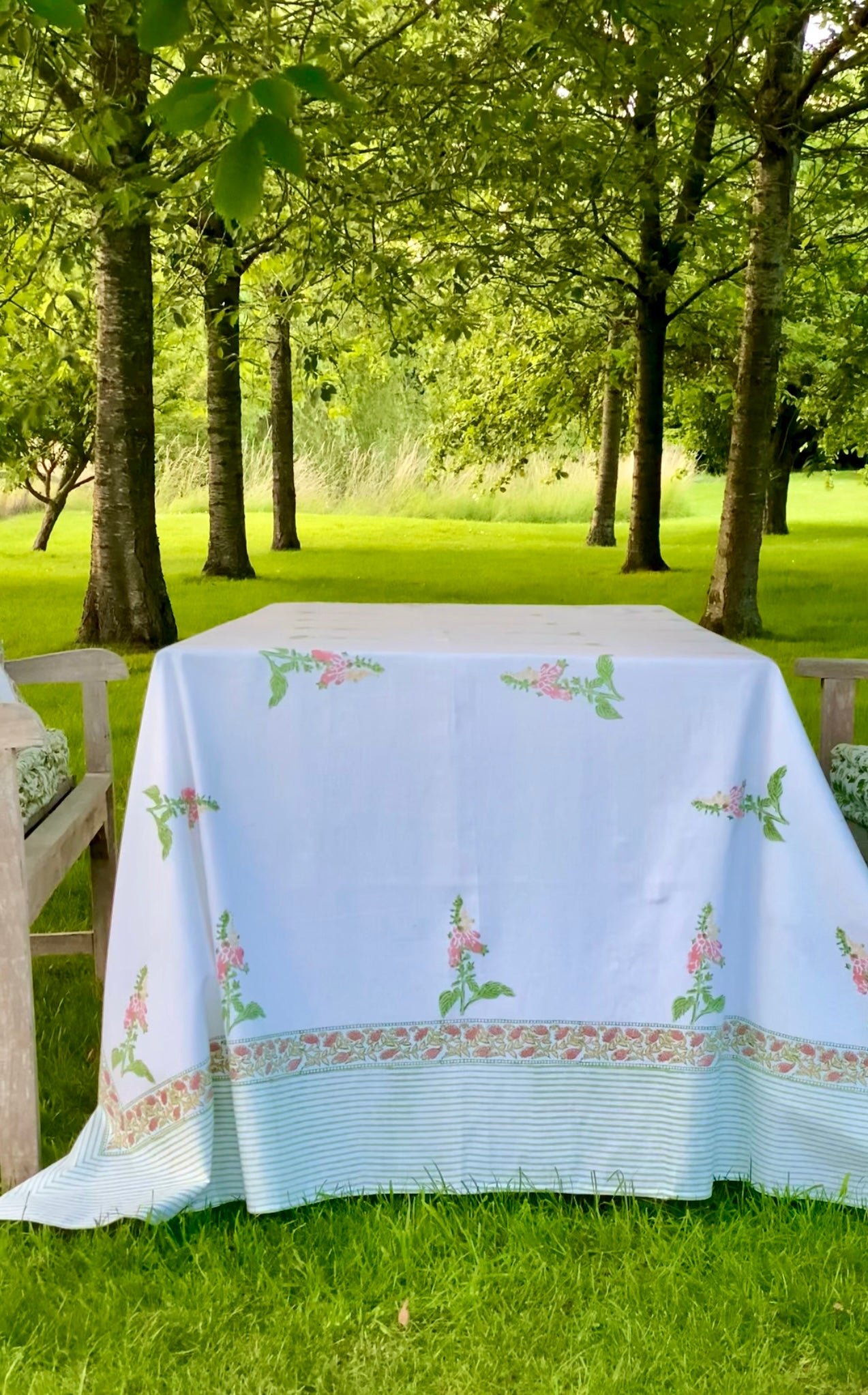Hand block printed peach foxglove tablecloth