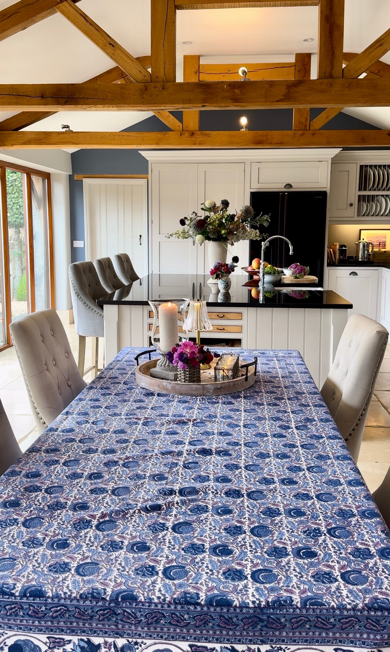 Hand block printed blue floral tablecloth