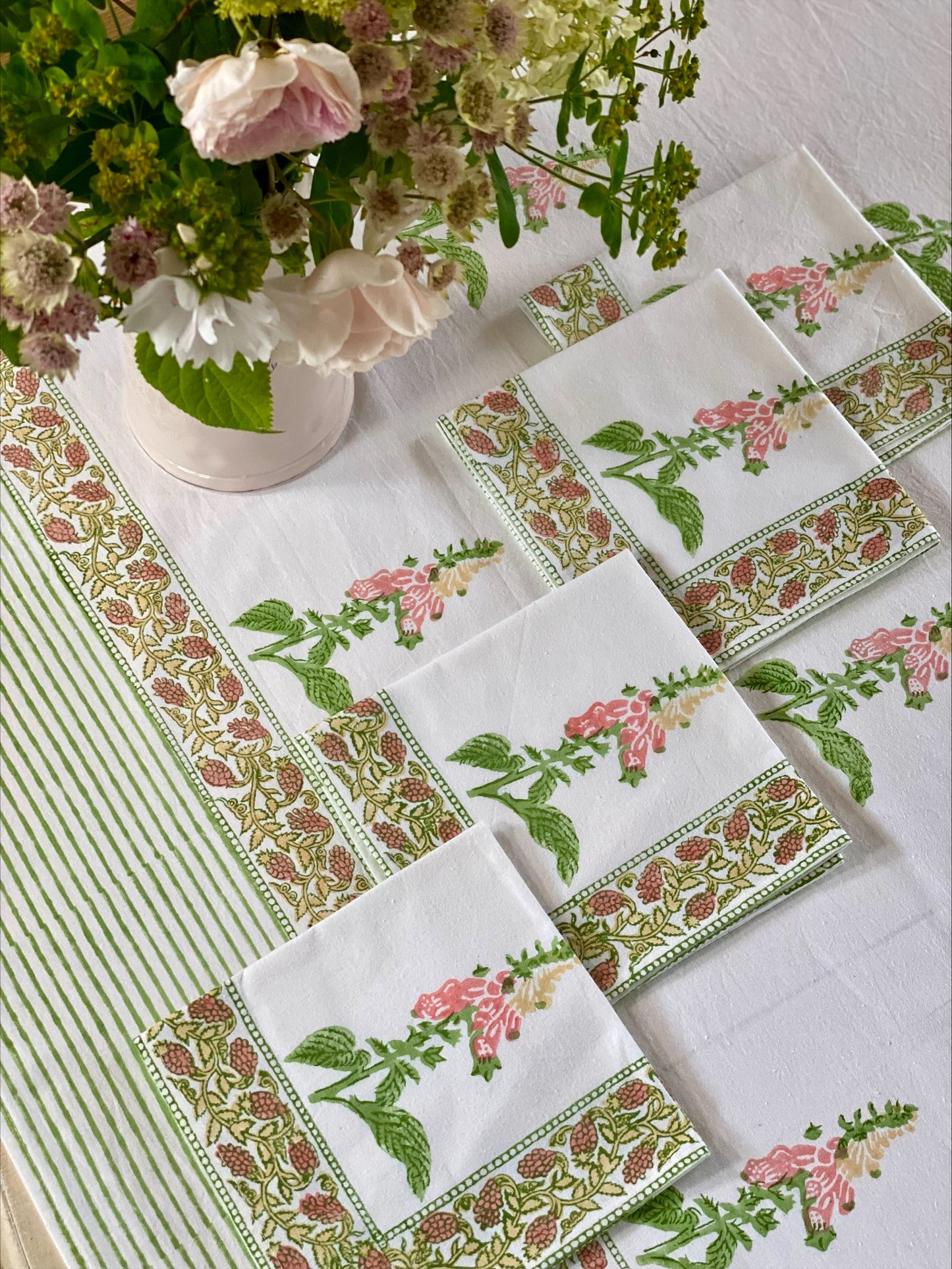 Hand block printed peach foxglove napkins - set of 2