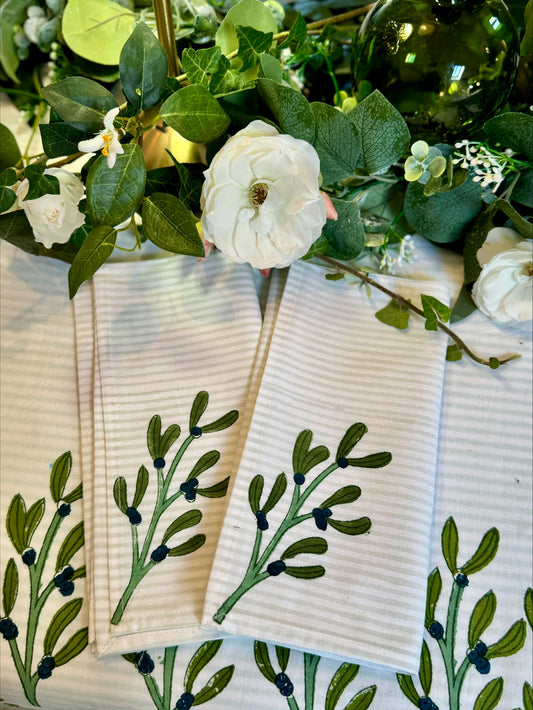 Hand block printed dark green mistletoe napkins - set of 2