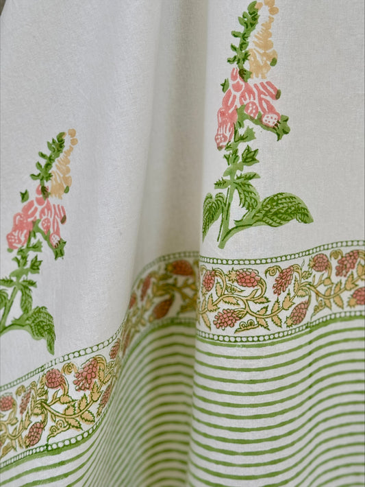 Hand block printed peach foxglove tablecloth