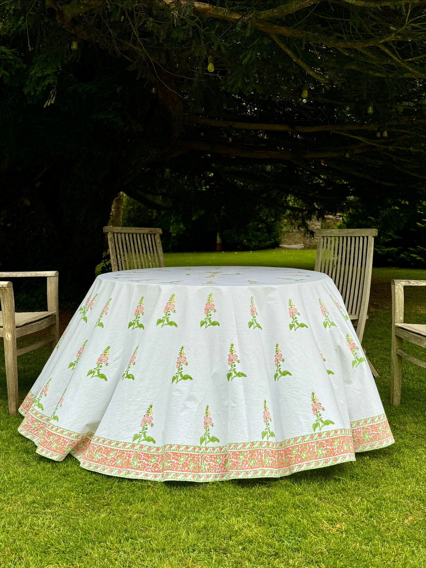 Hand block printed peach foxglove round tablecloth