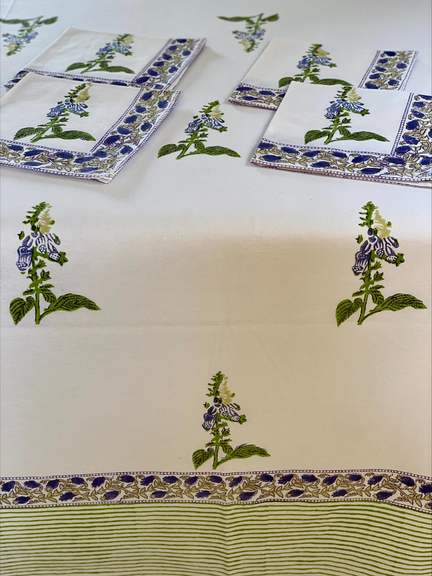 Hand block printed purple foxglove tablecloth