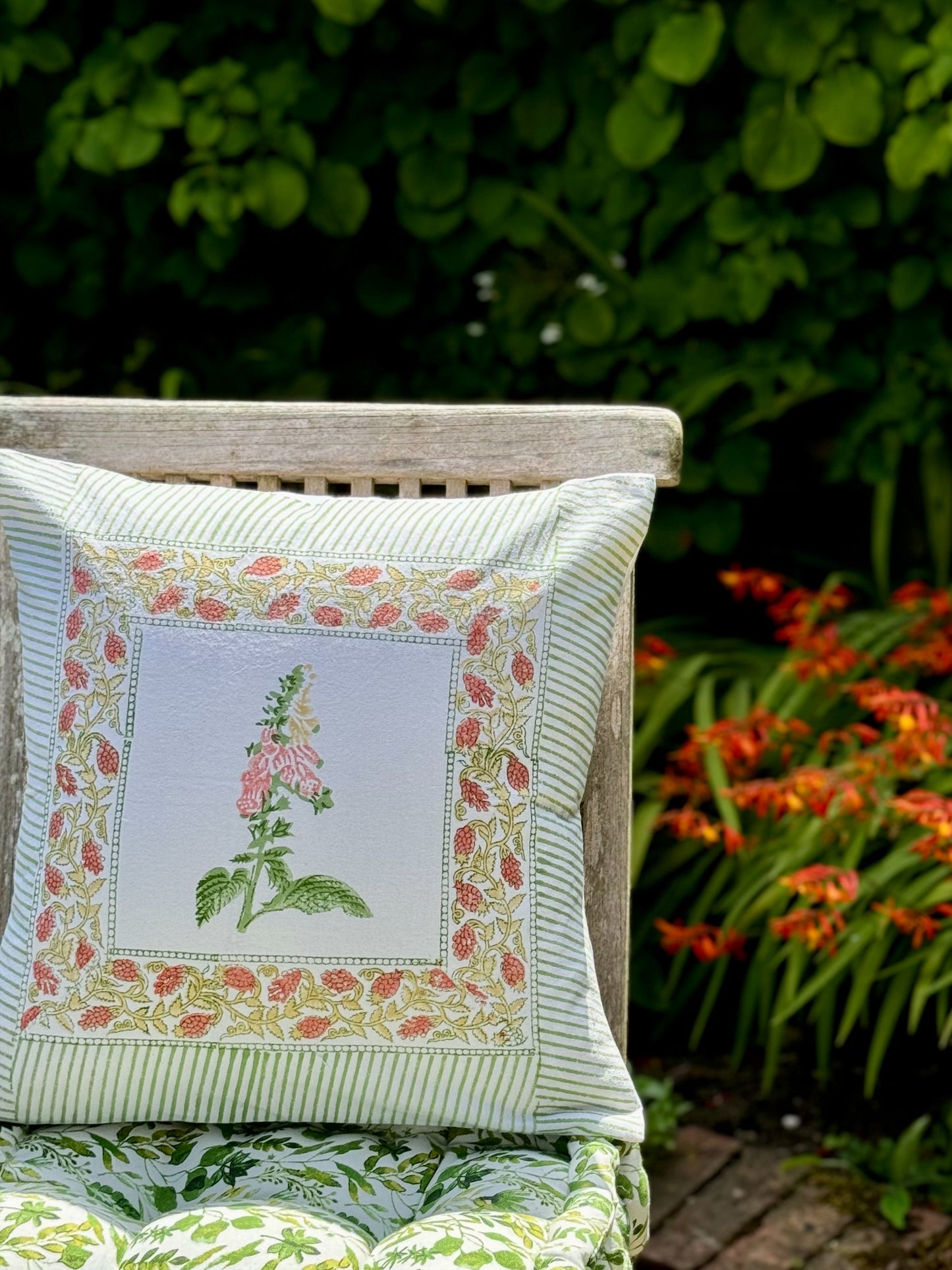 Hand block printed peach foxglove cushion cover