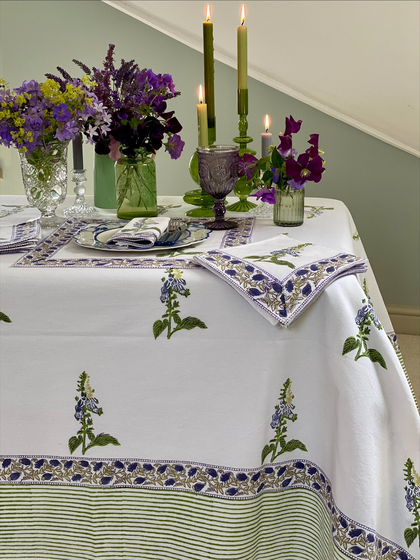 Hand block printed purple foxglove tablecloth