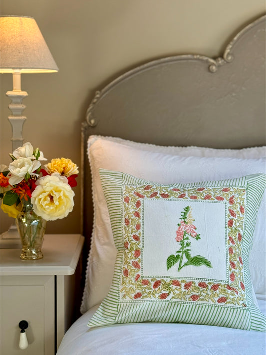Hand block printed peach foxglove cushion cover