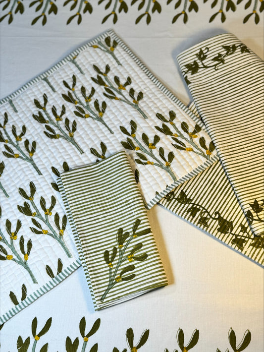 Hand block printed olive green ivy table runner
