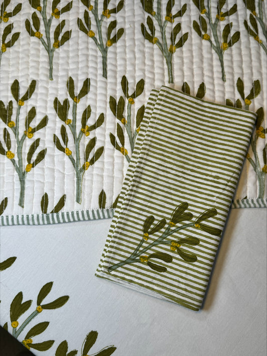 Hand block printed olive green mistletoe napkins - set of 2